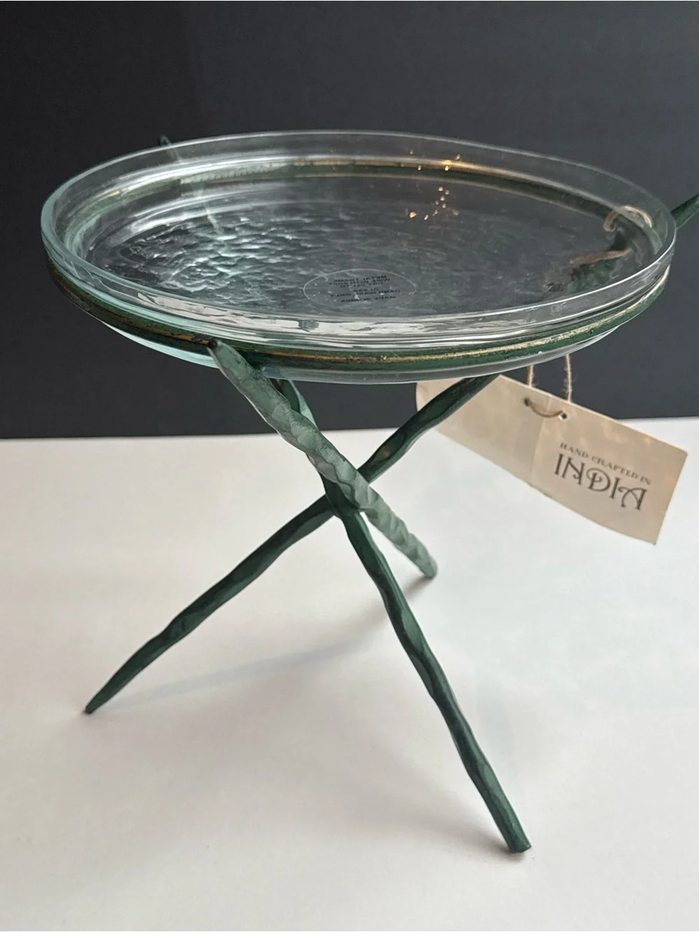 8” Sculptural Glass Pedestal Tray / Decorative Accent Stand Green Tripod Base